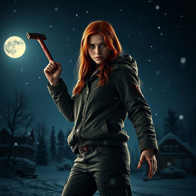 An intense movie poster featuring a beautiful young redhead with longer hair, wielding a bloody crowbar in her hand