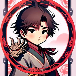 Digital art profile picture of a young samurai boy gazing into the distance with a circular dragon border.