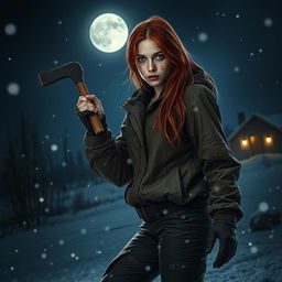 An intense movie poster featuring a beautiful young redhead with longer hair, wielding a bloody crowbar in her hand