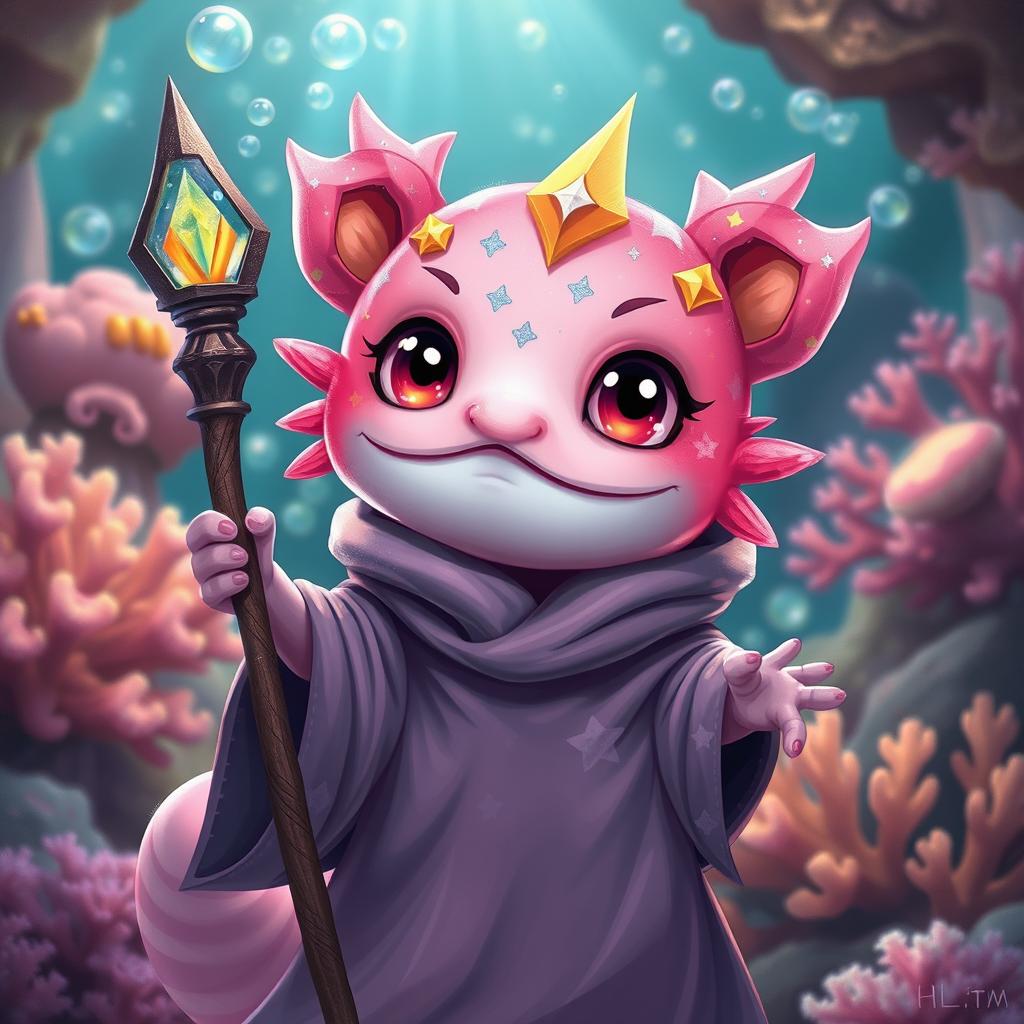 A whimsical portrayal of an axolotl Dungeons & Dragons character, imagined as a charming sorcerer