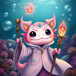 A whimsical portrayal of an axolotl Dungeons & Dragons character, imagined as a charming sorcerer