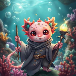 A whimsical portrayal of an axolotl Dungeons & Dragons character, imagined as a charming sorcerer