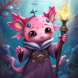 A whimsical portrayal of an axolotl Dungeons & Dragons character, imagined as a charming sorcerer