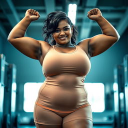 a full figure hyper-realistic photo of a brownish South Indian chubby curvy lady in a tight gym dress and tight shorts