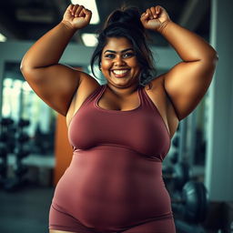 a full figure hyper-realistic photo of a brownish South Indian chubby curvy lady in a tight gym dress and tight shorts