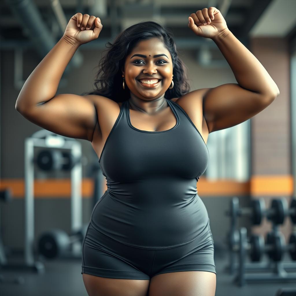 a full figure hyper-realistic photo of a brownish South Indian chubby curvy lady in a tight gym dress and tight shorts