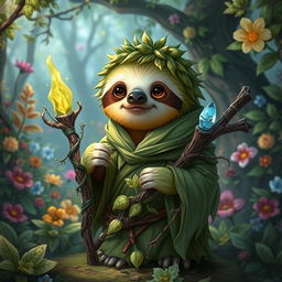 An adorable representation of a sloth Dungeons & Dragons character, envisioned as a wise druid