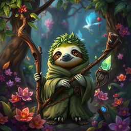 An adorable representation of a sloth Dungeons & Dragons character, envisioned as a wise druid