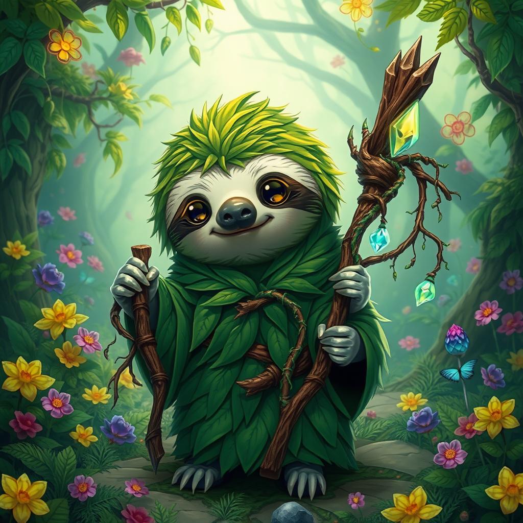 An adorable representation of a sloth Dungeons & Dragons character, envisioned as a wise druid