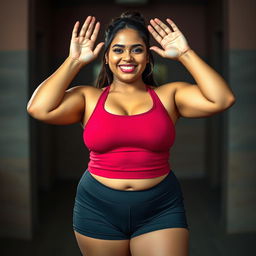 a full figure hyper-realistic photo of an Indian chubby curvy lady in a tight gym dress and tight shorts, smiling seductively while raising both her hands above her head to showcase her clean-shaved armpits