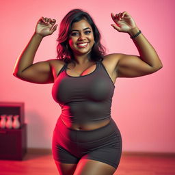 a full figure hyper-realistic photo of an Indian chubby curvy lady in a tight gym dress and tight shorts, smiling seductively while raising both her hands above her head to showcase her clean-shaved armpits