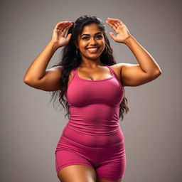 a full figure hyper-realistic photo of an Indian chubby curvy lady in a tight gym dress and tight shorts, smiling seductively while raising both her hands above her head to showcase her clean-shaved armpits