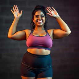 a full figure hyper-realistic photo of an Indian chubby curvy lady in a tight gym dress and tight shorts, smiling seductively while raising both her hands above her head to showcase her clean-shaved armpits