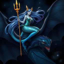 A female triton gracefully perched atop a large, majestic bat