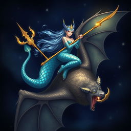 A female triton gracefully perched atop a large, majestic bat