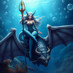 A female triton, with beautiful scales and flowing hair, confidently holding a trident, sitting gracefully atop a large bat with its wings spread wide