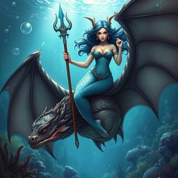 A female triton, with beautiful scales and flowing hair, confidently holding a trident, sitting gracefully atop a large bat with its wings spread wide