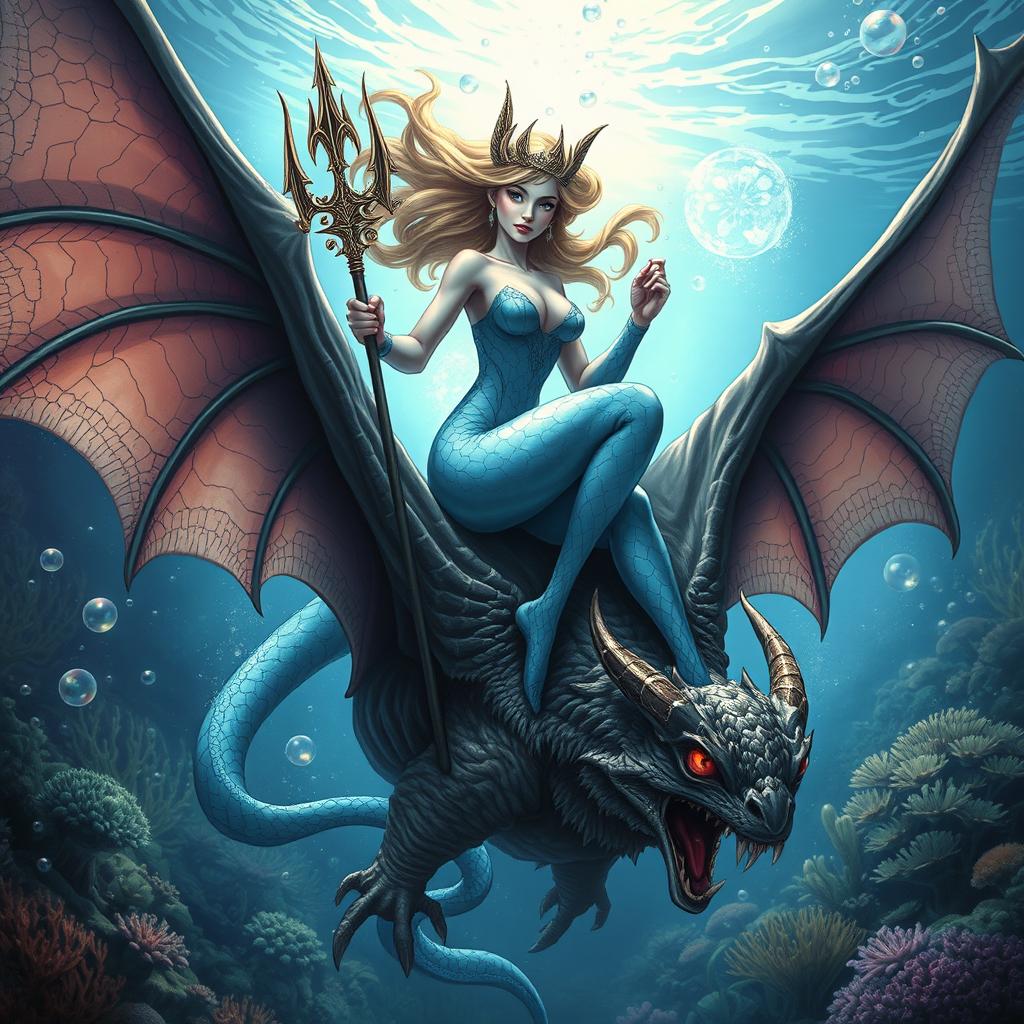 A female triton, with beautiful scales and flowing hair, confidently holding a trident, sitting gracefully atop a large bat with its wings spread wide