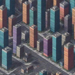 Construct a cityscape in pixel art style, complete with skyscrapers, busy streets, and a bustling urban life, all in a array of bright colors.