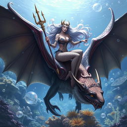 A female triton, with beautiful scales and flowing hair, confidently holding a trident, sitting gracefully atop a large bat with its wings spread wide