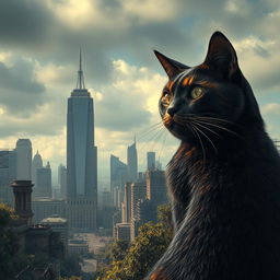 A giant black and orange cat gazing at a ruined city