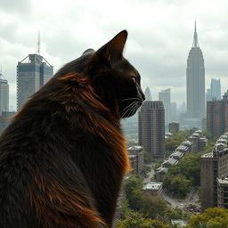 A giant black and orange cat gazing at a ruined city