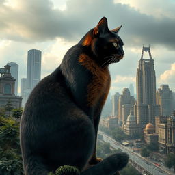 A giant black and orange cat gazing at a ruined city