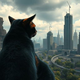 A giant black and orange cat gazing at a ruined city