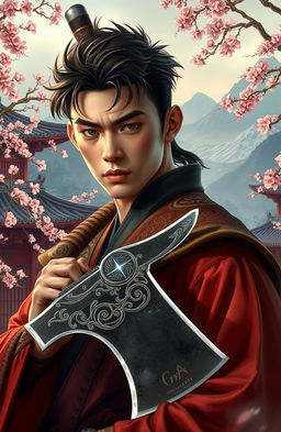 A young man, with sharply defined features, holding a glimmering axe behind him, set against a backdrop inspired by Eastern literature