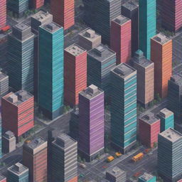 Construct a cityscape in pixel art style, complete with skyscrapers, busy streets, and a bustling urban life, all in a array of bright colors.