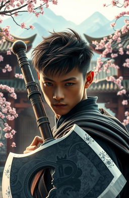 A young man, with sharply defined features, holding a glimmering axe behind him, set against a backdrop inspired by Eastern literature