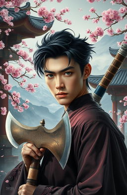 A young man, with sharply defined features, holding a glimmering axe behind him, set against a backdrop inspired by Eastern literature