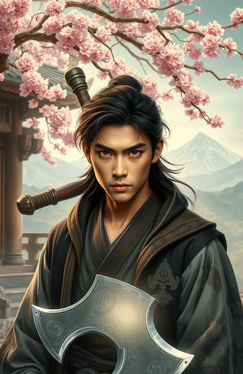 A young man, with sharply defined features, holding a glimmering axe behind him, set against a backdrop inspired by Eastern literature