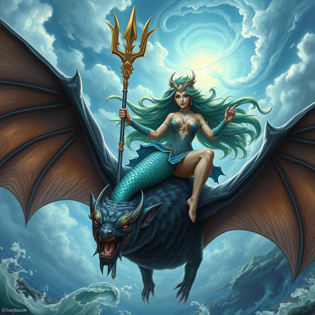 A powerful and fierce woman embodying the Merfolk, wielding a majestic trident, seated atop a giant bat