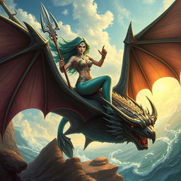 A powerful and fierce woman embodying the Merfolk, wielding a majestic trident, seated atop a giant bat