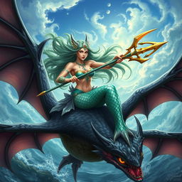 A powerful and fierce woman embodying the Merfolk, wielding a majestic trident, seated atop a giant bat