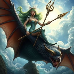 A powerful and fierce woman embodying the Merfolk, wielding a majestic trident, seated atop a giant bat