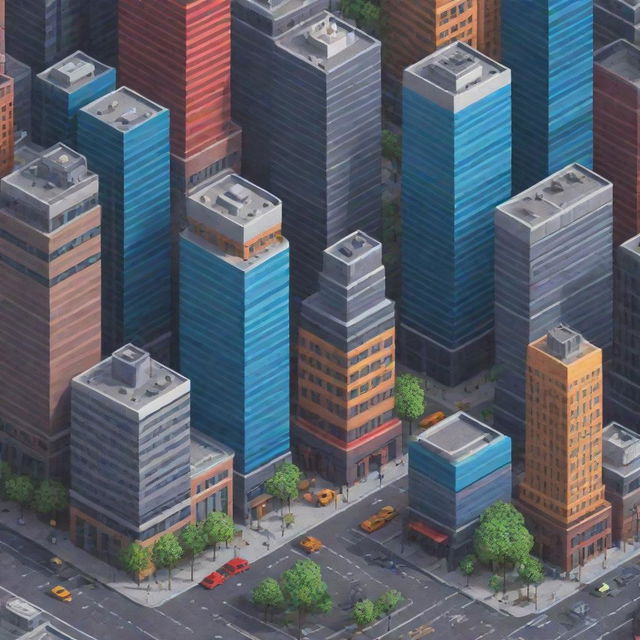 Construct a cityscape in pixel art style, complete with skyscrapers, busy streets, and a bustling urban life, all in a array of bright colors.