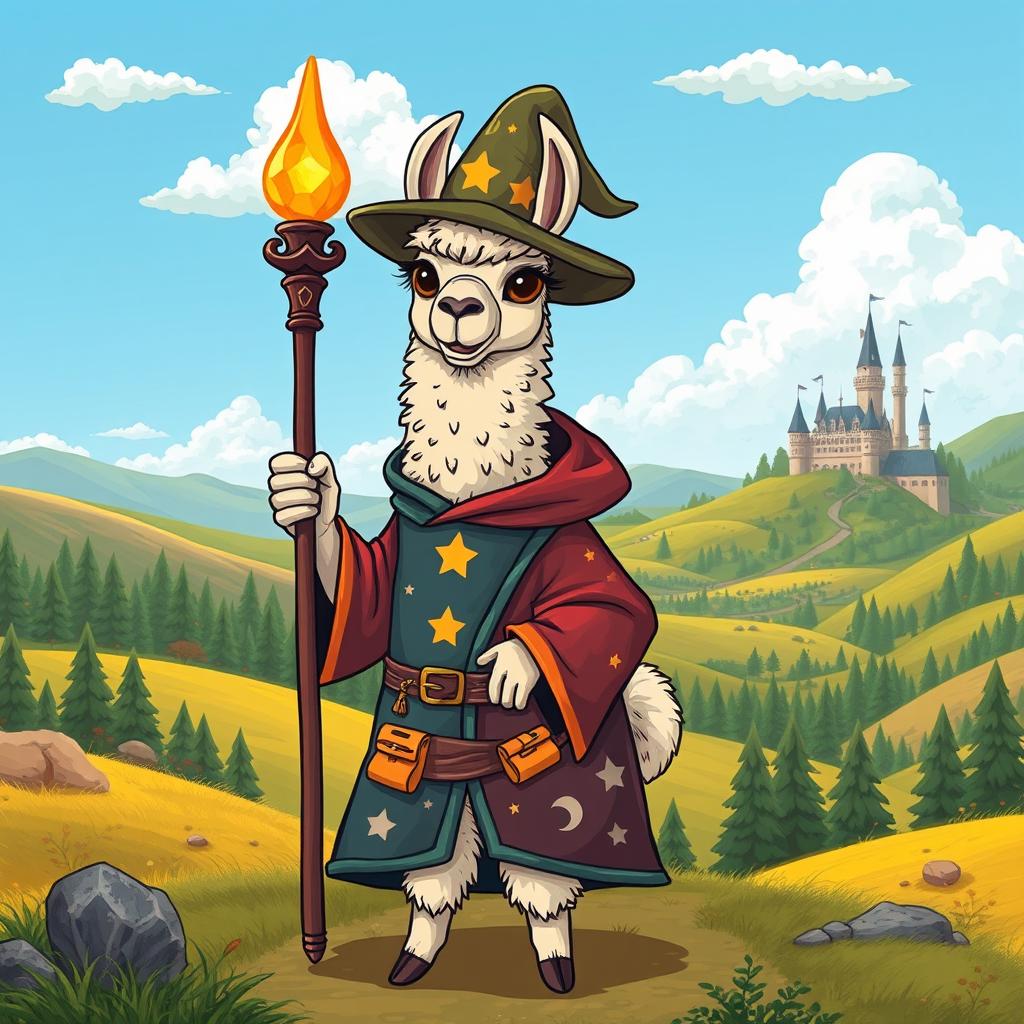 A whimsical illustration of a llama dressed as a Dungeons and Dragons character