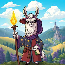 A whimsical illustration of a llama dressed as a Dungeons and Dragons character