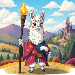 A whimsical illustration of a llama dressed as a Dungeons and Dragons character