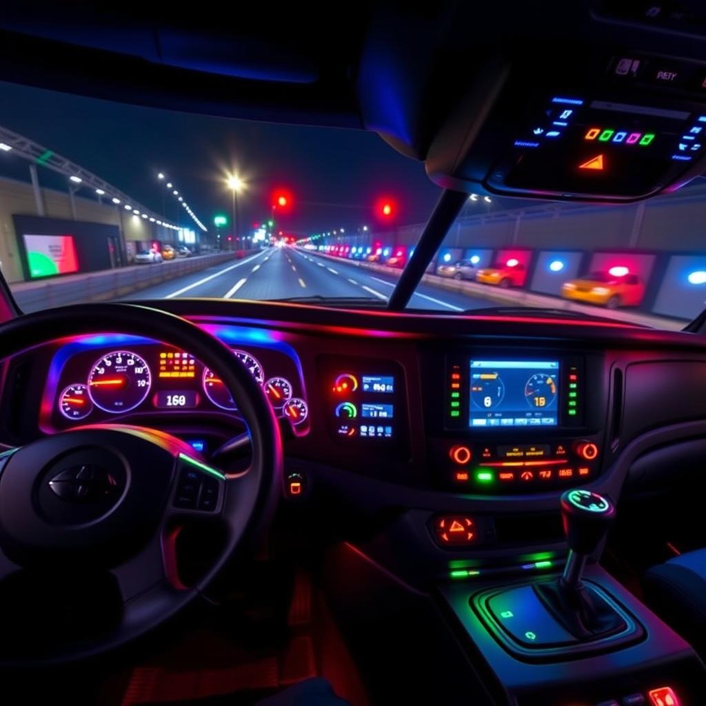 A vibrant, modern Freightliner Cascadia dashboard illuminated at night with colorful LED and RGB lighting