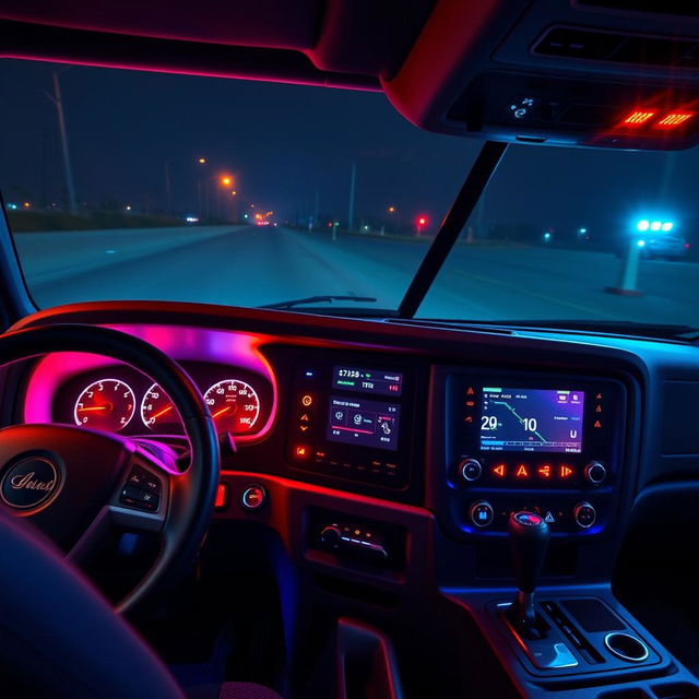 A vibrant, modern Freightliner Cascadia dashboard illuminated at night with colorful LED and RGB lighting