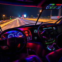 A vibrant, modern Freightliner Cascadia dashboard illuminated at night with colorful LED and RGB lighting