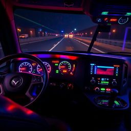 A vibrant, modern Freightliner Cascadia dashboard illuminated at night with colorful LED and RGB lighting