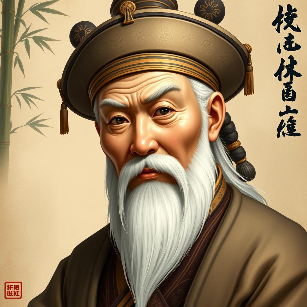 A beautifully detailed portrait of an ancient Chinese man, depicting him with a wise and serene expression