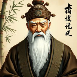 A beautifully detailed portrait of an ancient Chinese man, depicting him with a wise and serene expression