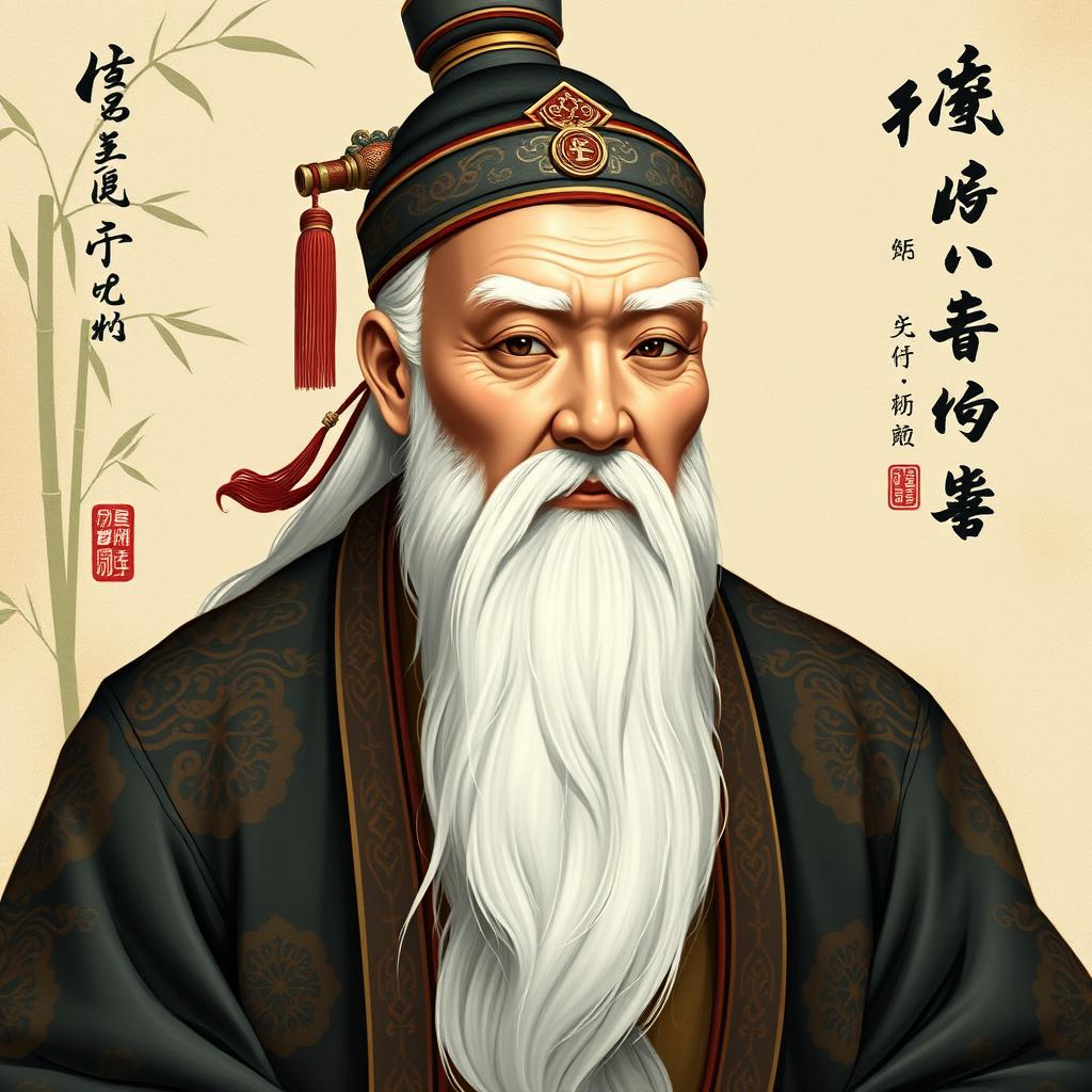 A beautifully detailed portrait of an ancient Chinese man, depicting him with a wise and serene expression