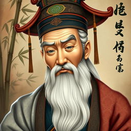 A beautifully detailed portrait of an ancient Chinese man, depicting him with a wise and serene expression