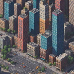 Create a vibrant, multicolored cityscape in the style of pixel art. The city should be teeming with life, featuring detailed buildings, streets, and city life.